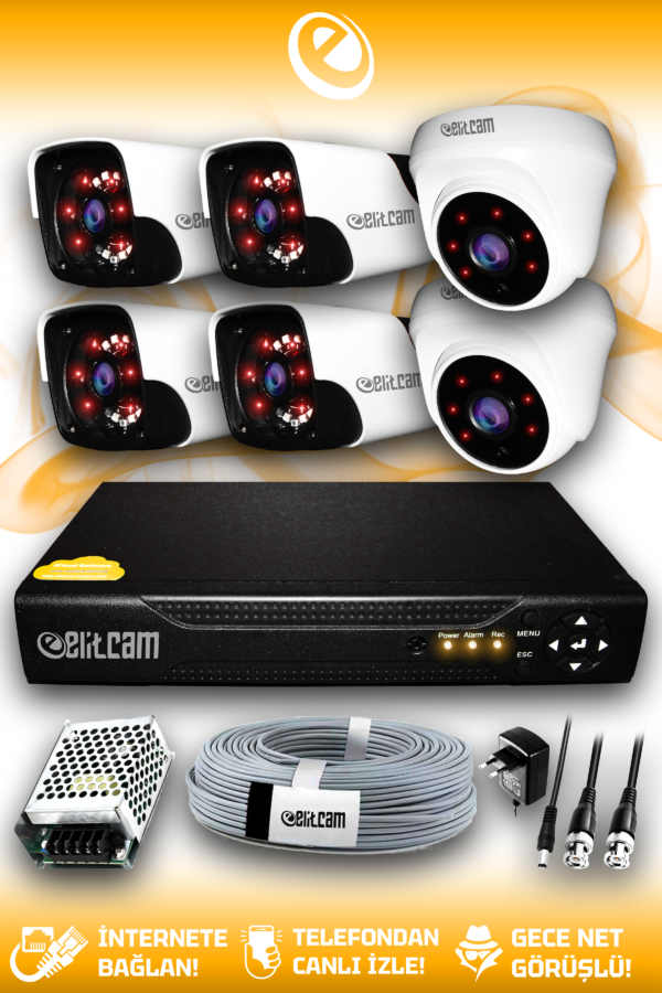 6 Kameralı Panda 2 İç Kamera Set HDD'siz Full HD Gece Görüşlü Güvenlik Kamerası Sistemi