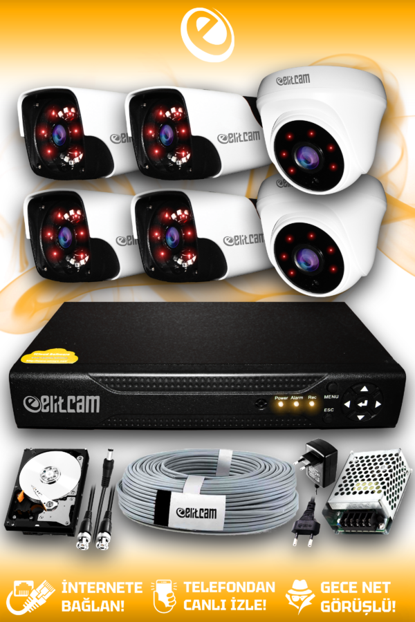 6 Kameralı Panda 2 İç Kamera Set 2 TB HDD Full HD Gece Görüşlü Güvenlik Kamerası Sistemi