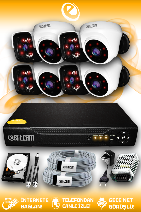 8 Kameralı Panda 4 İç Kamera Set 500 GB HDD Full HD Gece Görüşlü Güvenlik Kamerası Sistemi