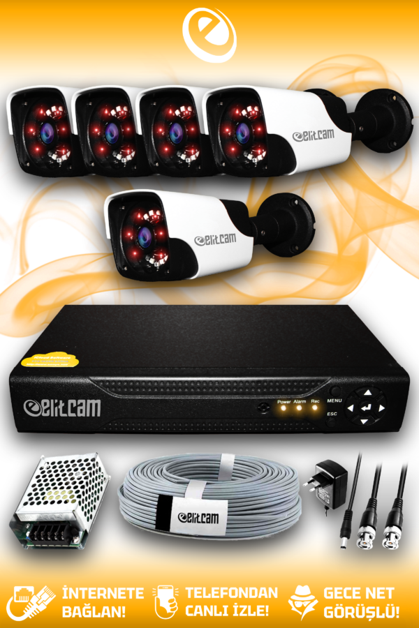 5 Kameralı Panda 5 Dış Kamera Set HDD'siz Full HD Gece Görüşlü Güvenlik Kamerası Sistemi