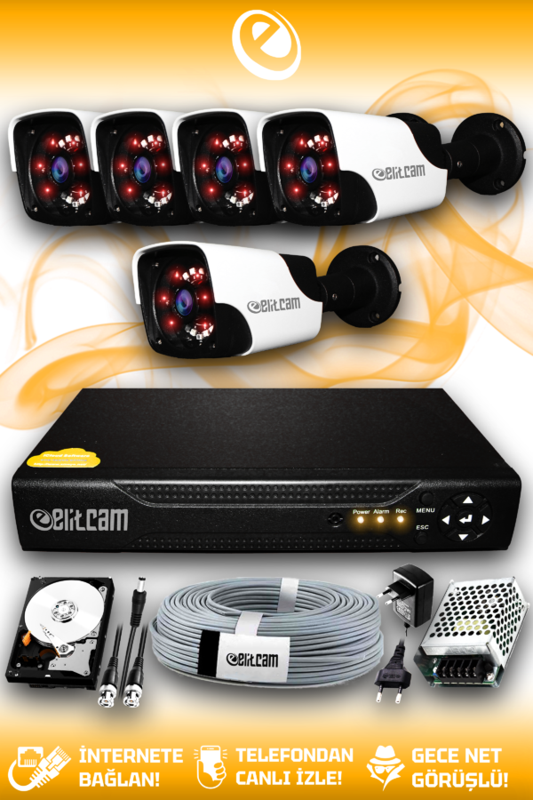 5 Kameralı Panda 5 Dış Kamera Set 2 TB HDD Full HD Gece Görüşlü Güvenlik Kamerası Sistemi