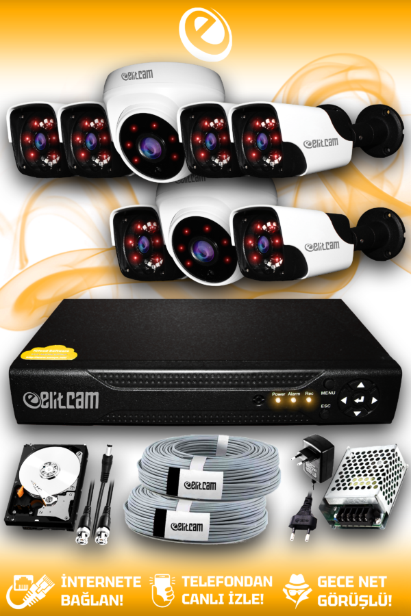 8 Kameralı Panda 2 İç Kamera Set 500 GB HDD Full HD Gece Görüşlü Güvenlik Kamerası Sistemi
