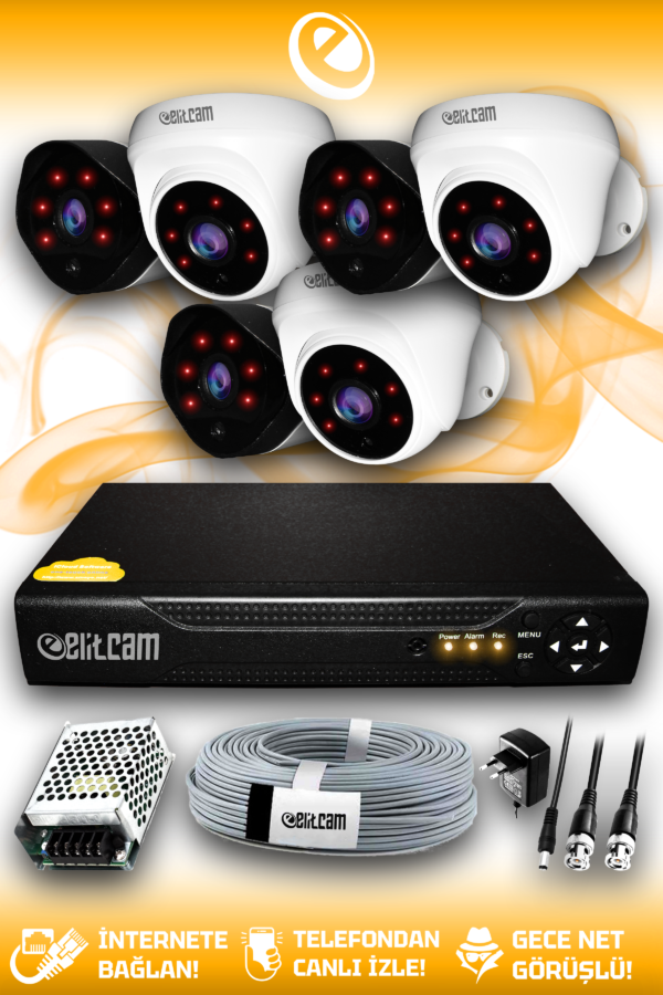 6 Kameralı Uzay 3 İç Kamera Set HDD'siz Full HD Gece Görüşlü Güvenlik Kamerası Sistemi