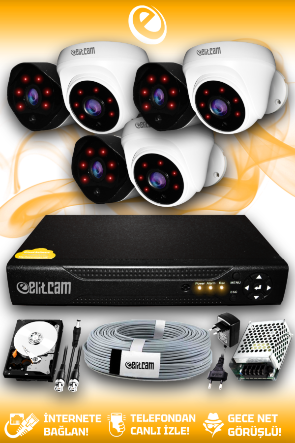 6 Kameralı Uzay 3 İç Kamera Set 1 TB HDD Full HD Gece Görüşlü Güvenlik Kamerası Sistemi