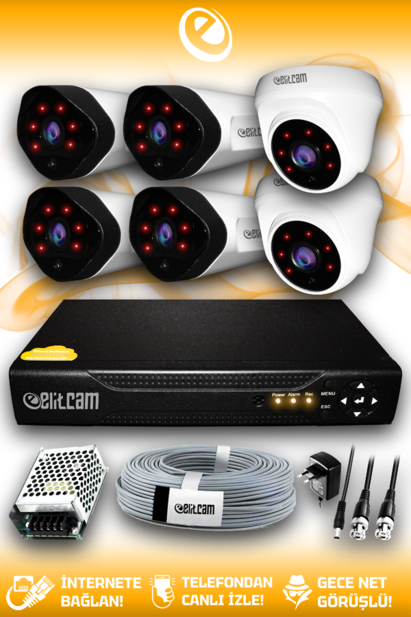 6 Kameralı Uzay 2 İç Kamera Set HDD'siz Full HD Gece Görüşlü Güvenlik Kamerası Sistemi