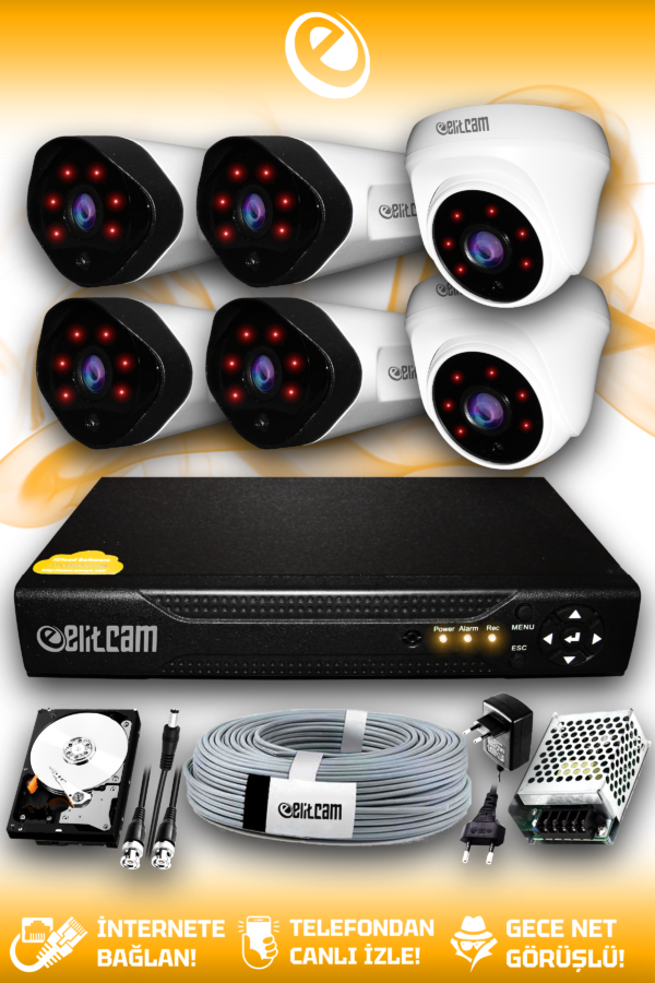 6 Kameralı Uzay 2 İç Kamera Set 250 GB HDD Full HD Gece Görüşlü Güvenlik Kamerası Sistemi