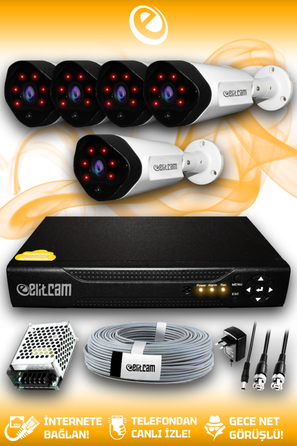 5 Kameralı Uzay 5 Dış Kamera Set HDD'siz Full HD Gece Görüşlü Güvenlik Kamerası Sistemi