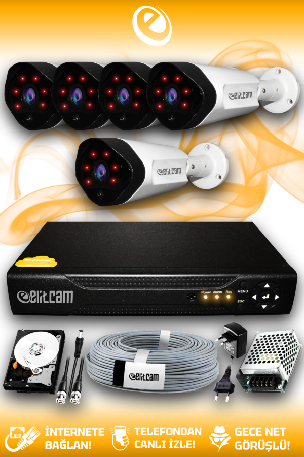 5 Kameralı Uzay 5 Dış Kamera Set 1 TB HDD Full HD Gece Görüşlü Güvenlik Kamerası Sistemi