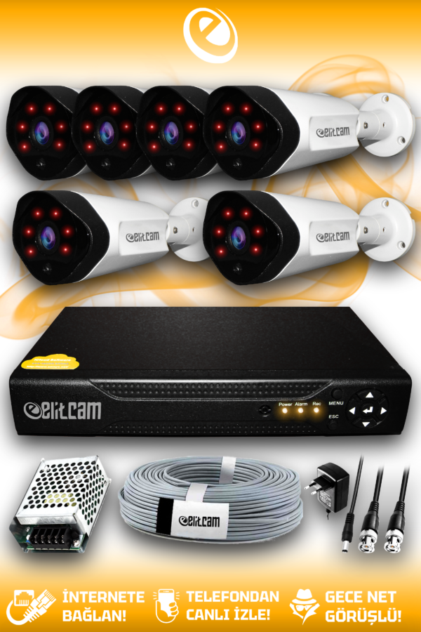 6 Kameralı Uzay 6 Dış Kamera Set HDD'siz Full HD Gece Görüşlü Güvenlik Kamerası Sistemi