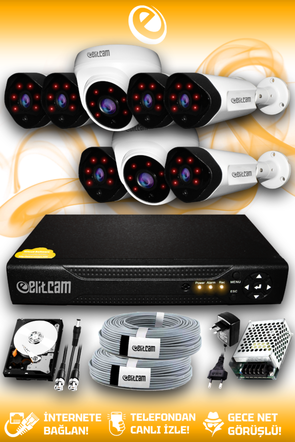 8 Kameralı Uzay 2 İç Kamera Set 2 TB HDD Full HD Gece Görüşlü Güvenlik Kamerası Sistemi