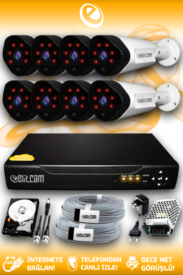 8 Kameralı Uzay 8 Dış Kamera Set 1 TB HDD Full HD Gece Görüşlü Güvenlik Kamerası Sistemi