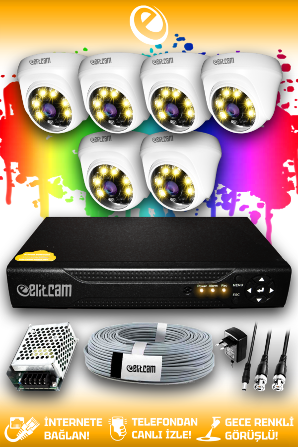 6 Kameralı Dome 6 İç Kamera Set HDD'siz Full HD Renkli Gece Görüşlü Güvenlik Kamerası Sistemi