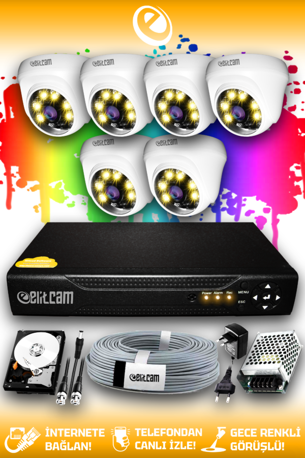6 Kameralı Dome 6 İç Kamera Set 250 GB HDD Full HD Renkli Gece Görüşlü Güvenlik Kamerası Sistemi