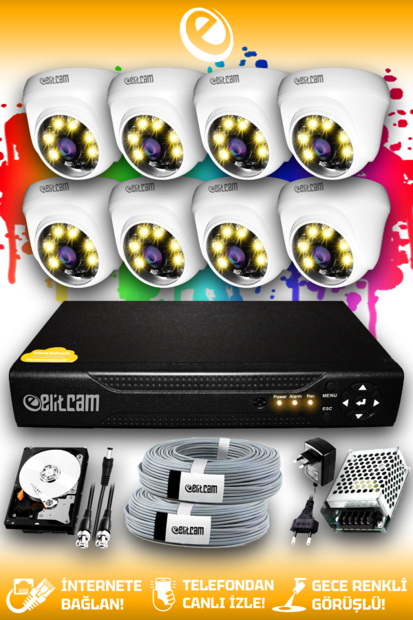 8 Kameralı Dome 8 İç Kamera Set 1 TB HDD Full HD Renkli Gece Görüşlü Güvenlik Kamerası Sistemi