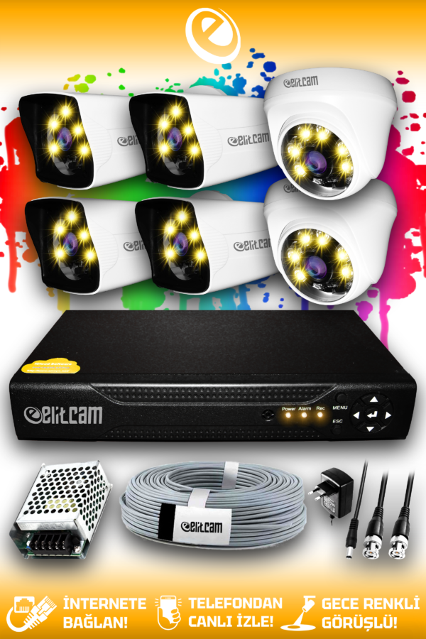 6 Kameralı Kare 2 İç Kamera Set HDD'siz Full HD Renkli Gece Görüşlü Güvenlik Kamerası Sistemi
