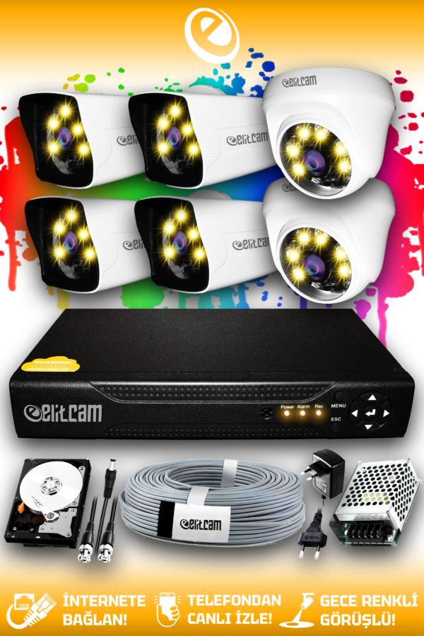 6 Kameralı Kare 2 İç Kamera Set 2 TB HDD Full HD Renkli Gece Görüşlü Güvenlik Kamerası Sistemi