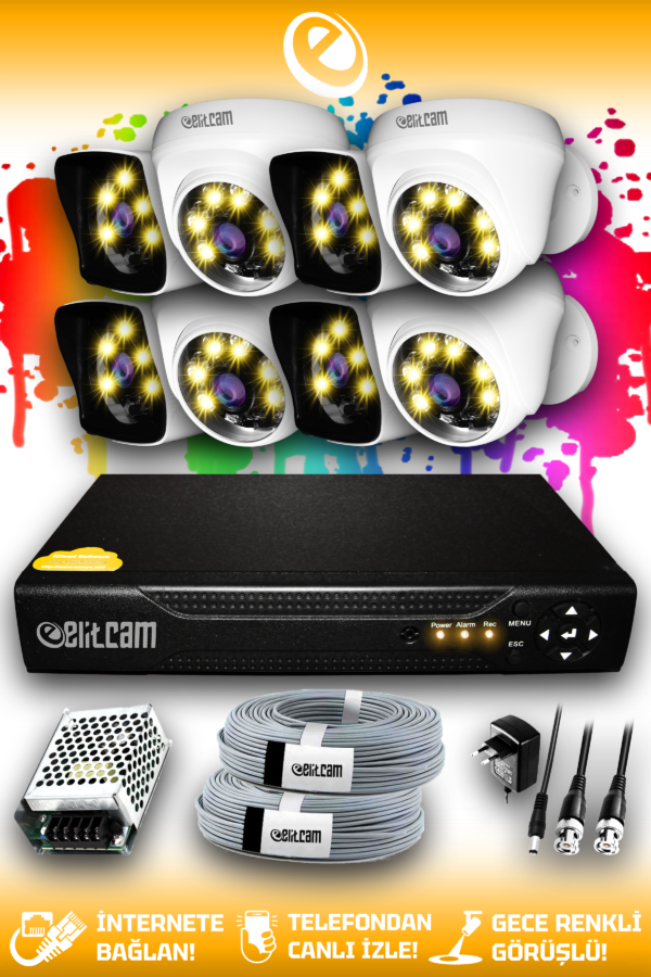 8 Kameralı Kare 4 İç Kamera Set HDD'siz Full HD Renkli Gece Görüşlü Güvenlik Kamerası Sistemi
