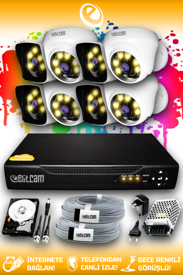 8 Kameralı Kare 4 İç Kamera Set 2 TB HDD Full HD Renkli Gece Görüşlü Güvenlik Kamerası Sistemi