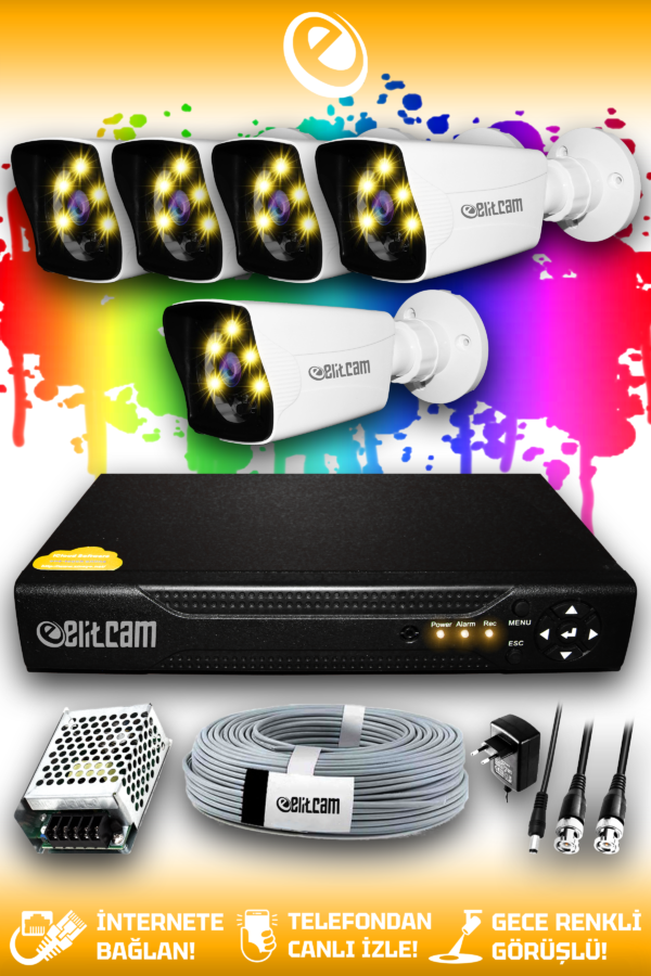 5 Kameralı Kare 5 Dış Kamera Set HDD'siz Full HD Renkli Gece Görüşlü Güvenlik Kamerası Sistemi