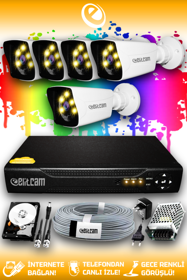 5 Kameralı Kare 5 Dış Kamera Set 250 GB HDD Full HD Renkli Gece Görüşlü Güvenlik Kamerası Sistemi