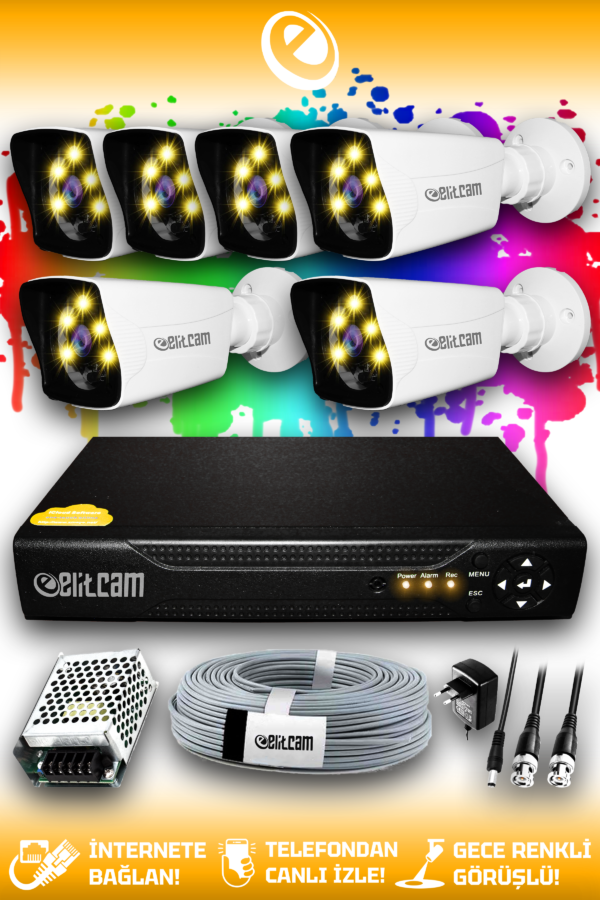 6 Kameralı Kare 6 Dış Kamera Set HDD'siz Full HD Renkli Gece Görüşlü Güvenlik Kamerası Sistemi