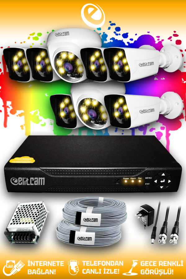 8 Kameralı Kare 2 İç Kamera Set HDD'siz Full HD Renkli Gece Görüşlü Güvenlik Kamerası Sistemi