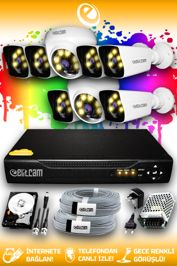 8 Kameralı Kare 2 İç Kamera Set 1 TB HDD Full HD Renkli Gece Görüşlü Güvenlik Kamerası Sistemi