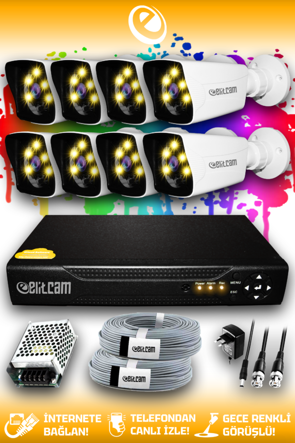8 Kameralı Kare 8 Dış Kamera Set HDD'siz Full HD Renkli Gece Görüşlü Güvenlik Kamerası Sistemi