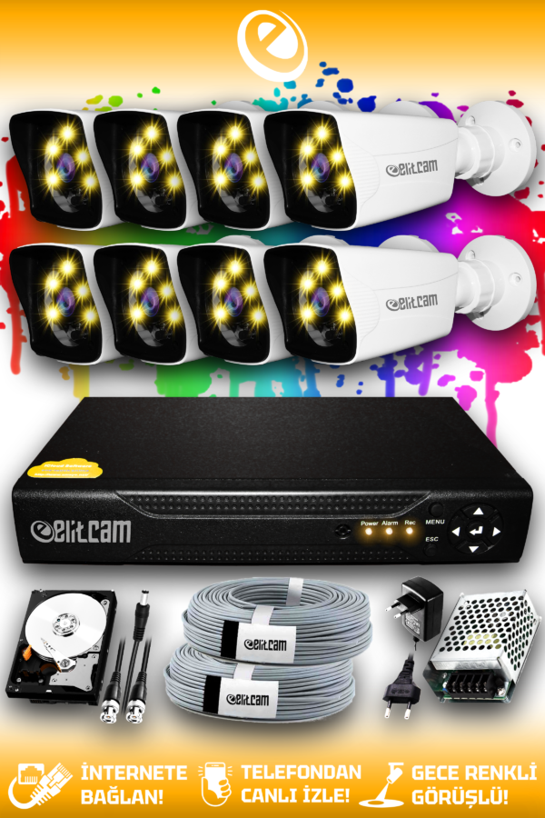 8 Kameralı Kare 8 Dış Kamera Set 250 GB HDD Full HD Renkli Gece Görüşlü Güvenlik Kamerası Sistemi
