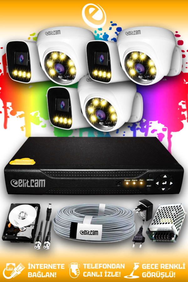 6 Kameralı Zebra 3 İç Kamera Set 1 TB HDD Full HD Renkli Gece Görüşlü Güvenlik Kamerası Sistemi