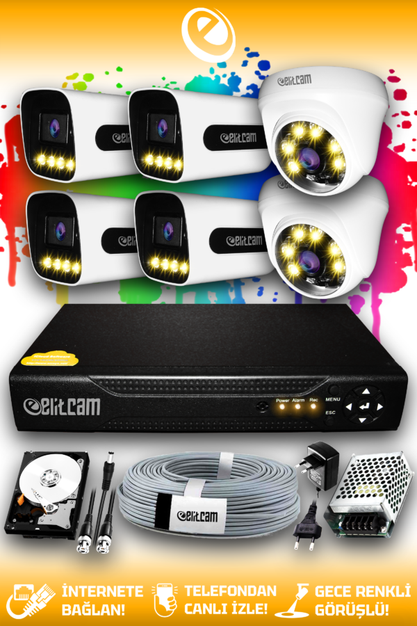 6 Kameralı Zebra 2 İç Kamera Set 1 TB HDD Full HD Renkli Gece Görüşlü Güvenlik Kamerası Sistemi