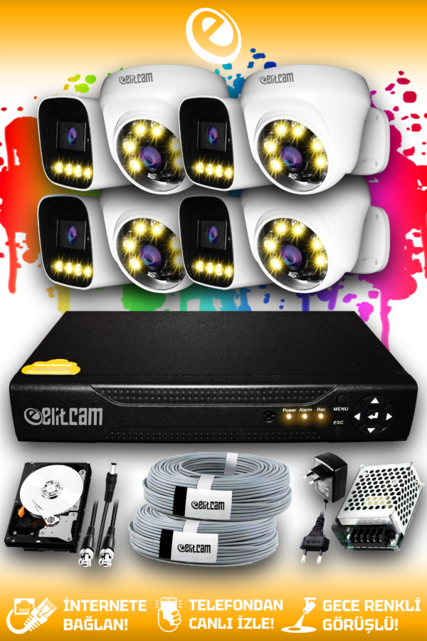 8 Kameralı Zebra 4 İç Kamera Set 1 TB HDD Full HD Renkli Gece Görüşlü Güvenlik Kamerası Sistemi