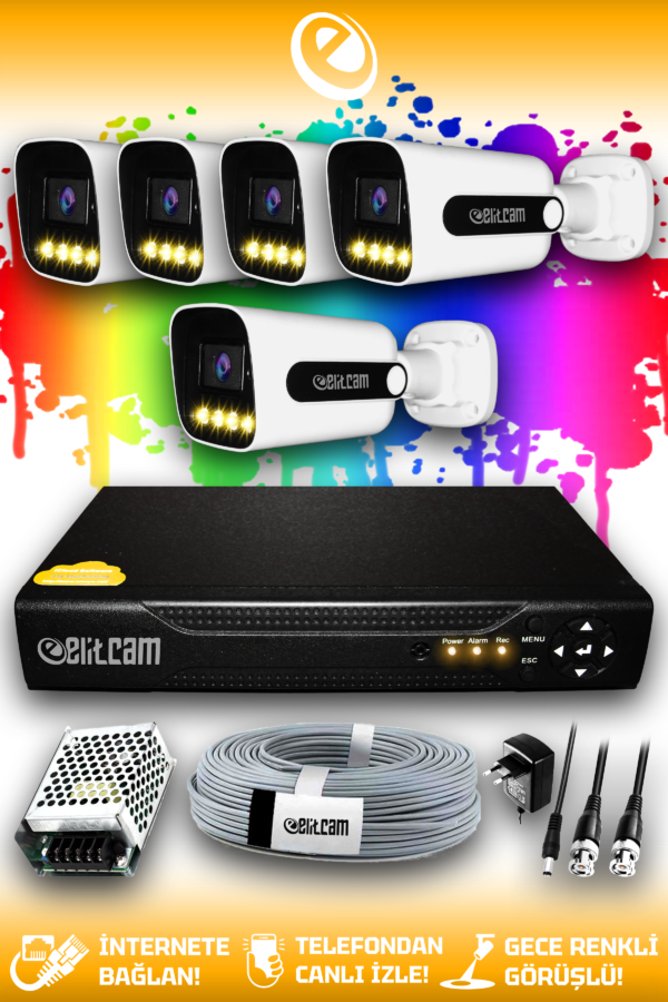 5 Kameralı Zebra 5 Dış Kamera Set HDD'siz Full HD Renkli Gece Görüşlü Güvenlik Kamerası Sistemi