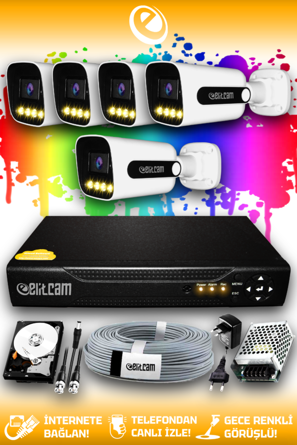 5 Kameralı Zebra 5 Dış Kamera Set 2 TB HDD Full HD Renkli Gece Görüşlü Güvenlik Kamerası Sistemi