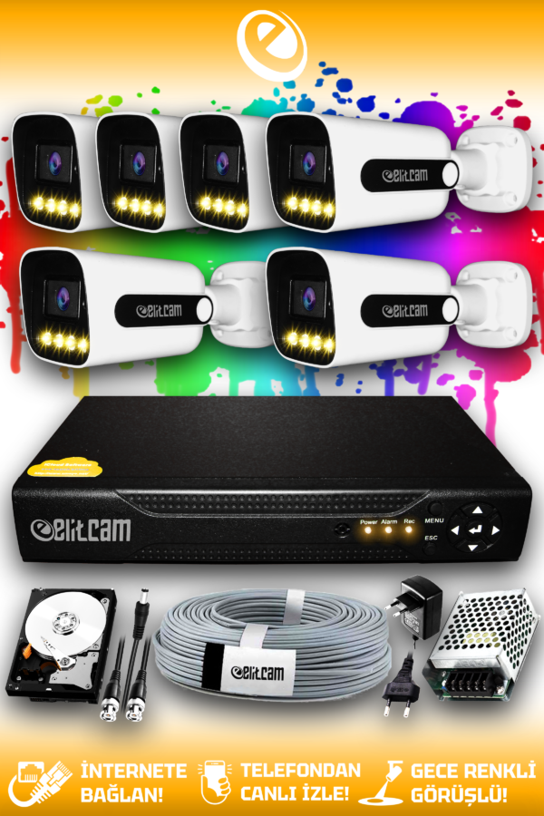 6 Kameralı Zebra 6 Dış Kamera Set 2 TB HDD Full HD Renkli Gece Görüşlü Güvenlik Kamerası Sistemi