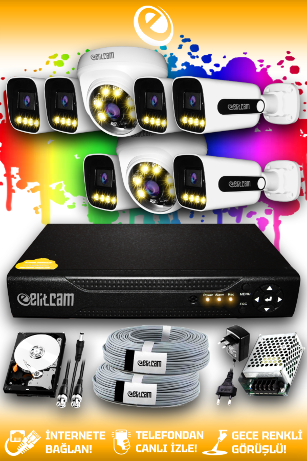 8 Kameralı Zebra 2 İç Kamera Set 2 TB HDD Full HD Renkli Gece Görüşlü Güvenlik Kamerası Sistemi