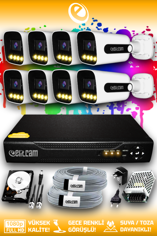 8 Kameralı Zebra 8 Dış Kamera Set 1 TB HDD Full HD Renkli Gece Görüşlü Güvenlik Kamerası Sistemi