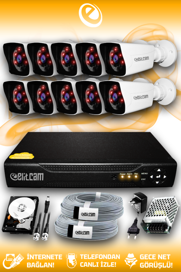 10 Kameralı Kare 10 Dış Kamera Set 1 TB HDD Full HD Gece Görüşlü Güvenlik Kamerası Sistemi