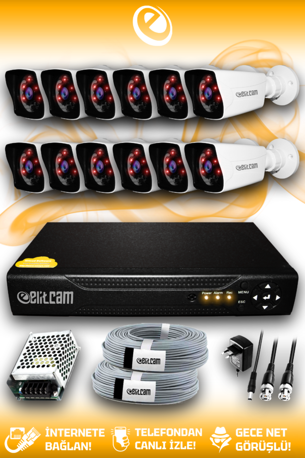 12 Kameralı Kare 12 Dış Kamera Set HDD'siz Full HD Gece Görüşlü Güvenlik Kamerası Sistemi