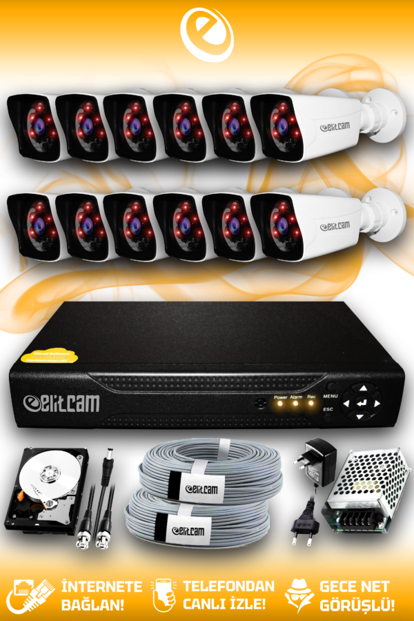 12 Kameralı Kare 12 Dış Kamera Set 2 TB HDD Full HD Gece Görüşlü Güvenlik Kamerası Sistemi