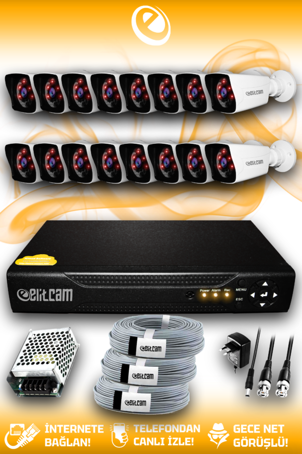 16 Kameralı Kare 16 Dış Kamera Set HDD'siz Full HD Gece Görüşlü Güvenlik Kamerası Sistemi