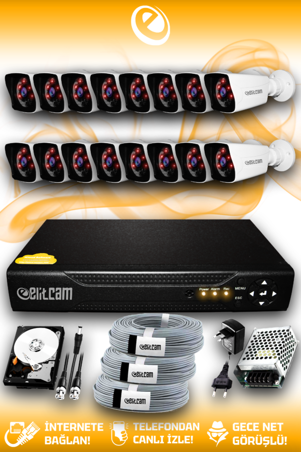 16 Kameralı Kare 16 Dış Kamera Set 1 TB HDD Full HD Gece Görüşlü Güvenlik Kamerası Sistemi