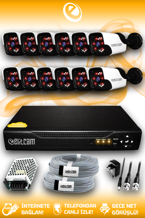 12 Kameralı Panda 12 Dış Kamera Set HDD'siz Full HD Gece Görüşlü Güvenlik Kamerası Sistemi