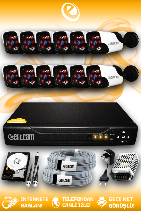 12 Kameralı Panda 12 Dış Kamera Set 2 TB HDD Full HD Gece Görüşlü Güvenlik Kamerası Sistemi