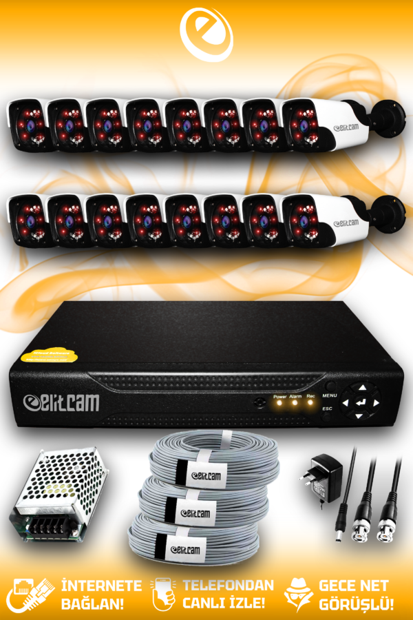 16 Kameralı Panda 16 Dış Kamera Set HDD'siz Full HD Gece Görüşlü Güvenlik Kamerası Sistemi