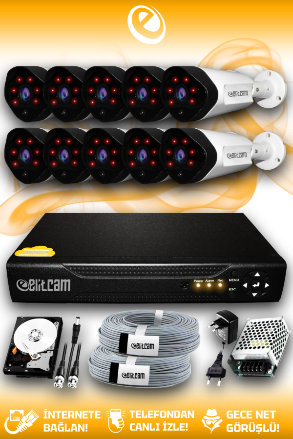 10 Kameralı Uzay 10 Dış Kamera Set 100 GB HDD Full HD Gece Görüşlü Güvenlik Kamerası Sistemi