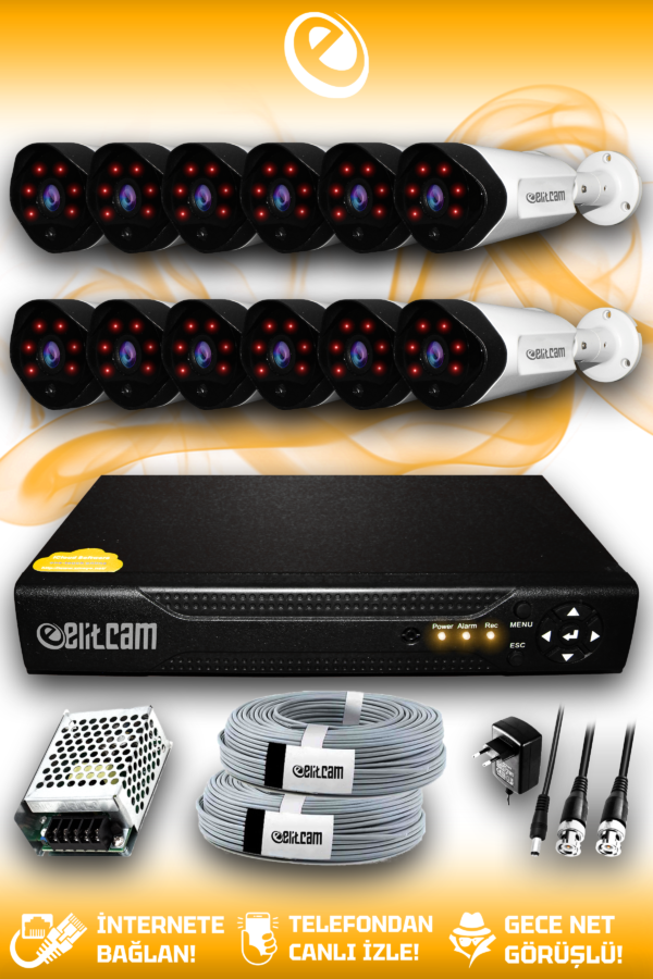 12 Kameralı Uzay 12 Dış Kamera Set HDD'siz Full HD Gece Görüşlü Güvenlik Kamerası Sistemi