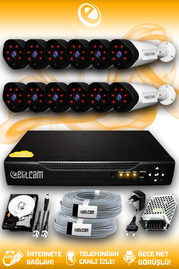 12 Kameralı Uzay 12 Dış Kamera Set 250 GB HDD Full HD Gece Görüşlü Güvenlik Kamerası Sistemi