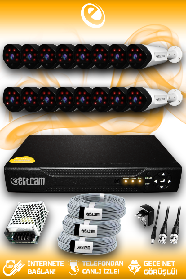 16 Kameralı Uzay 16 Dış Kamera Set HDD'siz Full HD Gece Görüşlü Güvenlik Kamerası Sistemi
