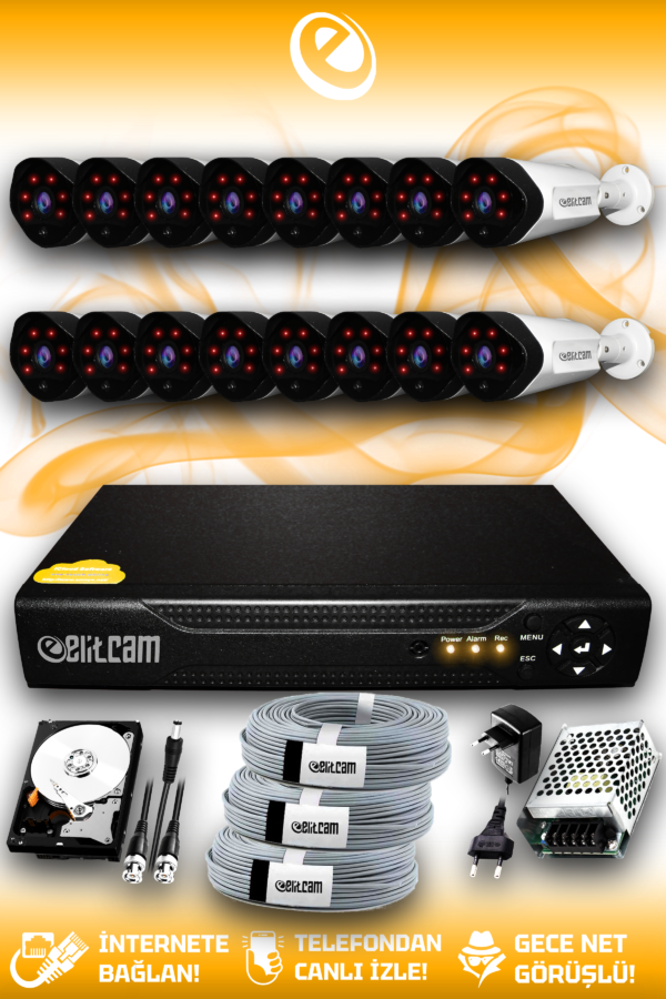16 Kameralı Uzay 16 Dış Kamera Set 1 TB HDD Full HD Gece Görüşlü Güvenlik Kamerası Sistemi